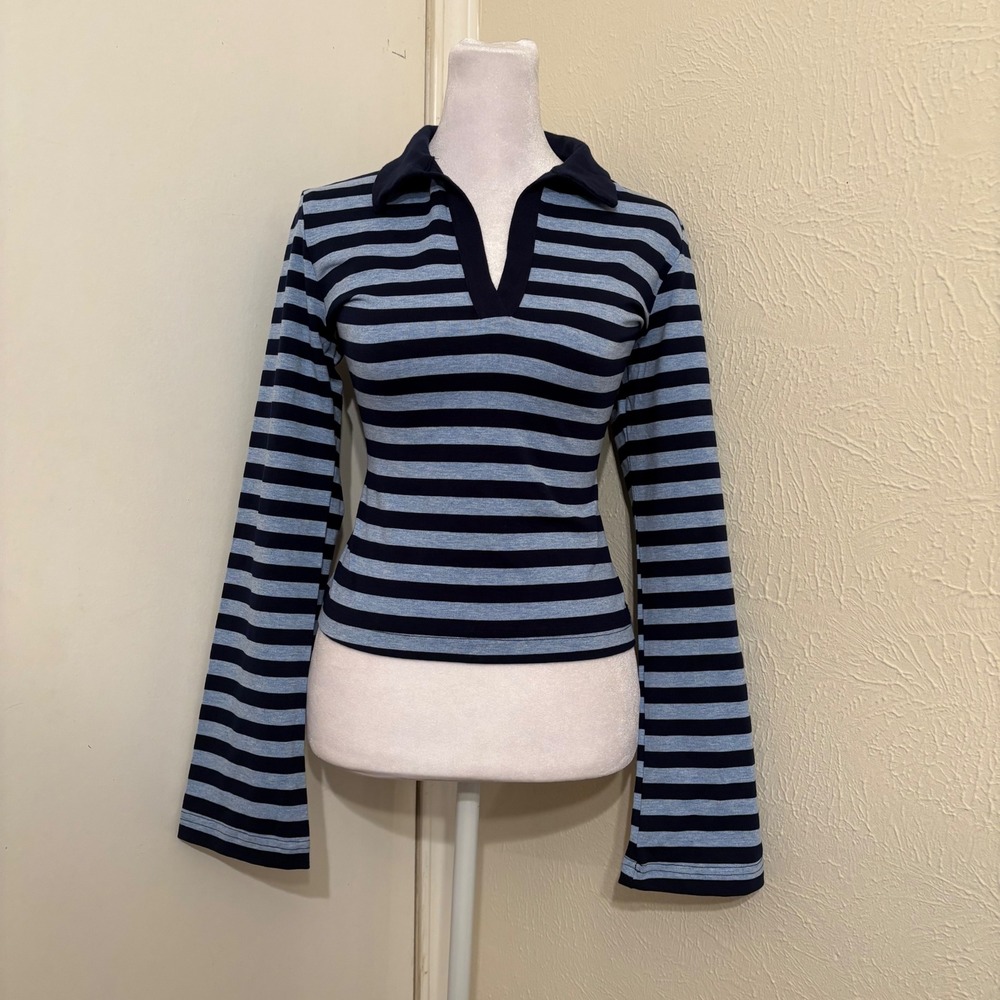 Vintage Y2K Blue Striped Flare Long Sleeve Polo V-Neck Top Grunge Preppy L